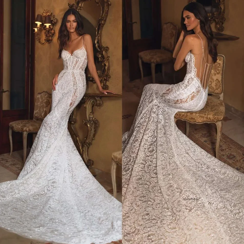 

Wedding Dress For Bride Spaghetti Sequins Fulllace Wedding Dresses Bridal Gowns Sweep Train Illusion Backless Customized