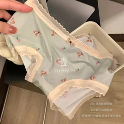 SP&CITY Summer Ice Silk Cartoon Bear Cute Women's Underpants Low Waist Summer Thin Lace Panties Cotton Crotch Seamless Briefs