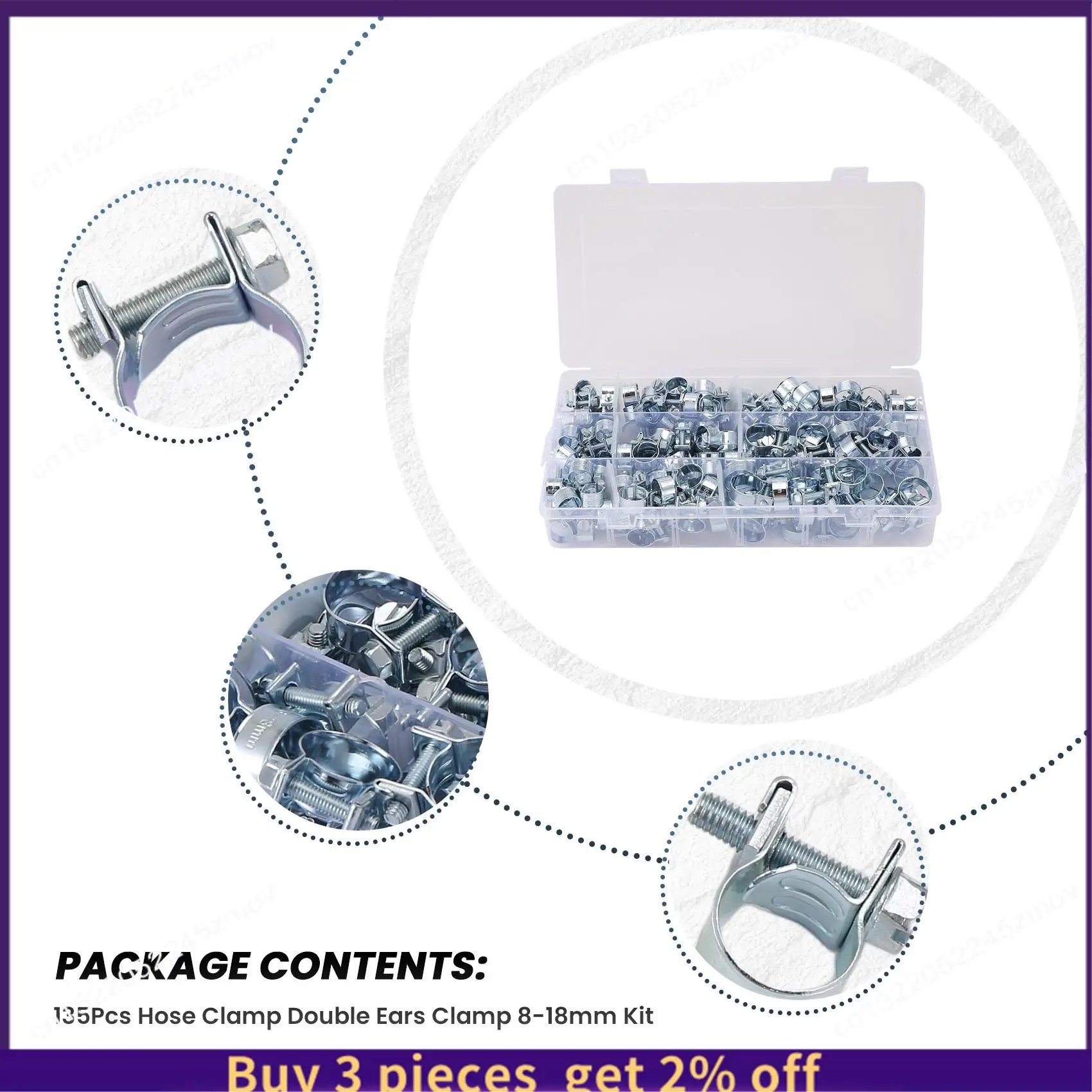 

COME 135Pcs Hose Clamp Double Ears Clamp 8-18Mm Worm Drive Fuel Water Hose Pipe Clamps Clips Hose Fuel Clamps Assorted Kit