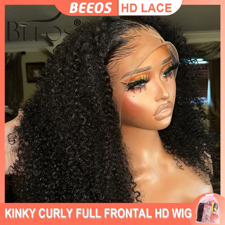 Beeos Kinky Krullend Kant Voorkant Menselijk Haar Pruik 13X6 Hd Lace Frontale Pruik 34in 250% Dichtheid Krullend Pruiken Braziliaanse Pruiken Te Koop Geplukt