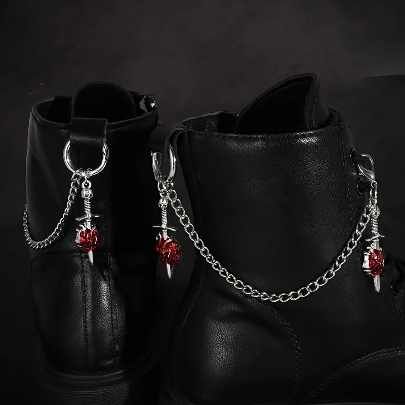 2Pcs Gothic Red Rose Sword Boots Chain Silver Metal Removable Shoe Chain Punk Boots Decorative Accessories Decoration