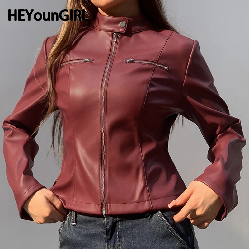 HEYounGIRL Fashion Autumn Faux Leather Jacket Vintage Red Casual Punk Style Zipper Pu Coat Streetwear Ladies Winter Outerwear