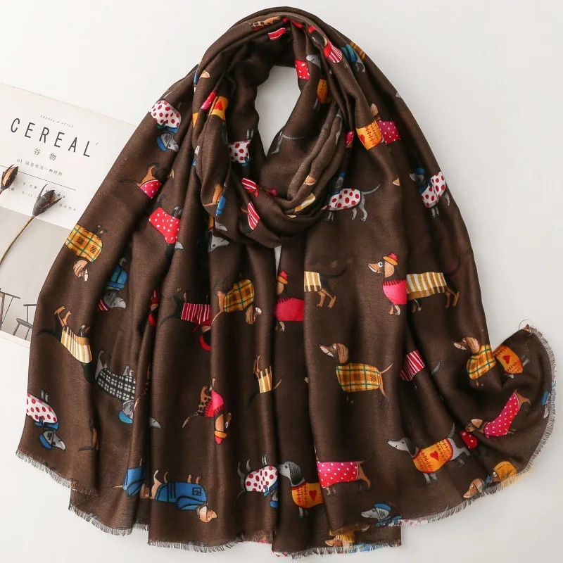 Cute Cartoon Dachshund Dog Cotton Viscose Scarf Women Soft Thick Warm Shawls Wrap Fashion Animal Pattern Scarves Beach Sunscreen
