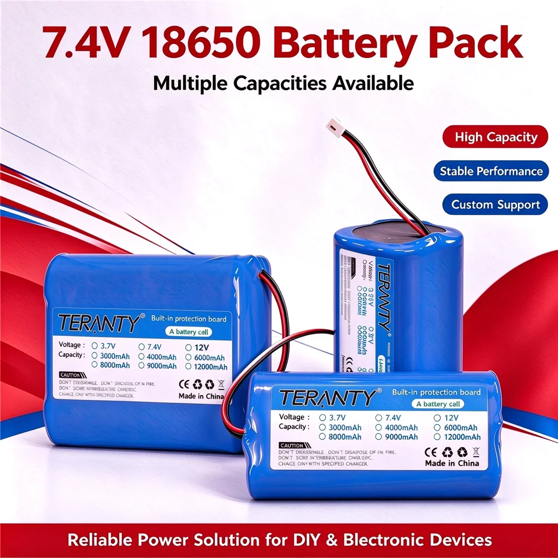 7,4 V 3000 mAh 6000 mAh 9000 mAh 12000 mAh 18650-2S Pack de batteries rechargeables Li-ion 18650 + connecteur XH2.54-2P