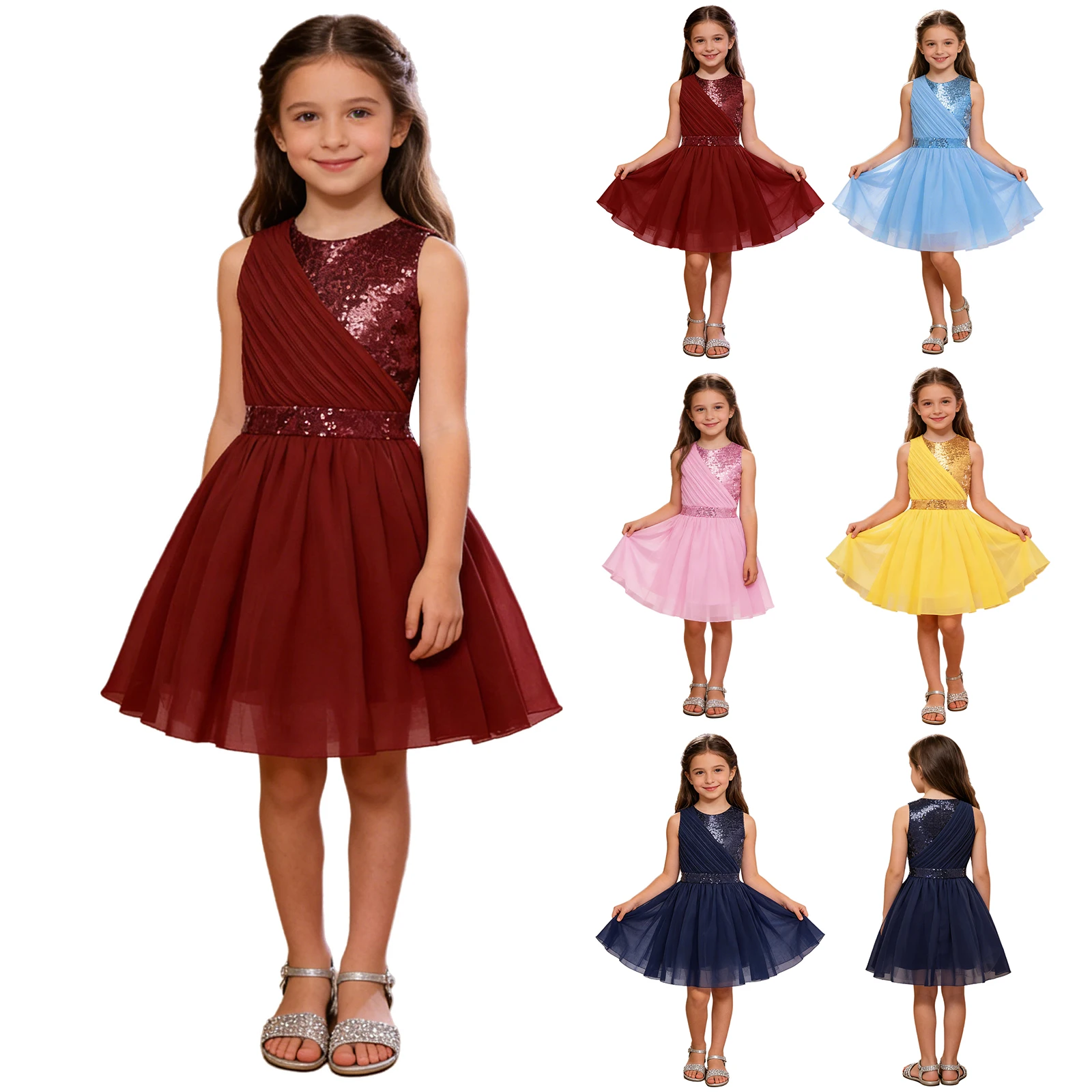 Kids Girls Flower Girls Dress Sequins Pageant Dress High Waist Puff Tutu Dress for Birthday Celebration Princess Themed Party