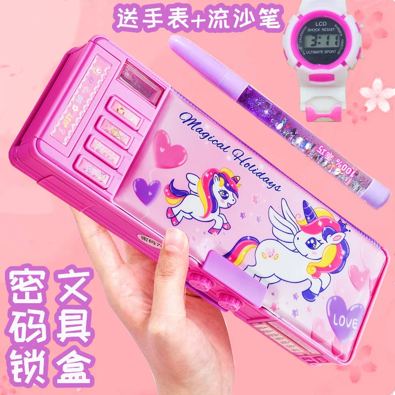 Mechanical deformation combination lock stationery box girl cute pencil case school student pencil box Cartoon plastic pen case