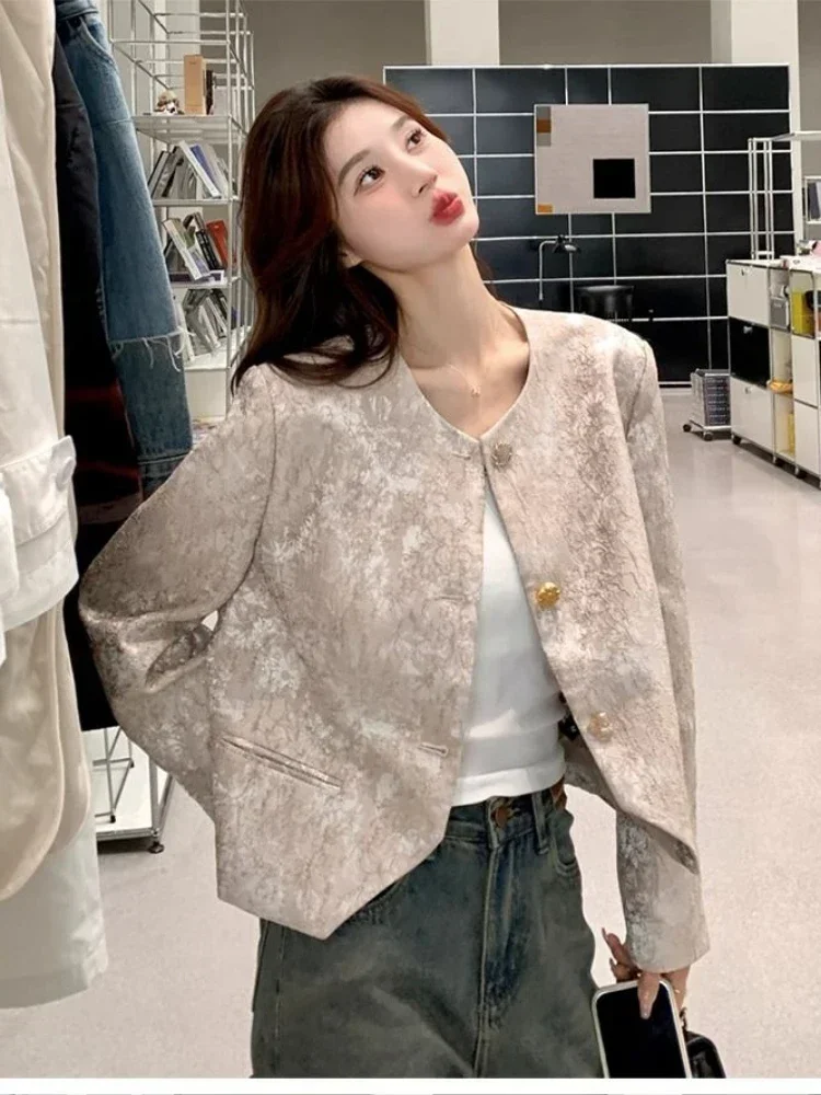 

Luxury High-end Jacquard Blazer Office Lady Short Jacket Vintage O-neck Long Sleeve Tops Design Outerwear Coat Women Clothes New