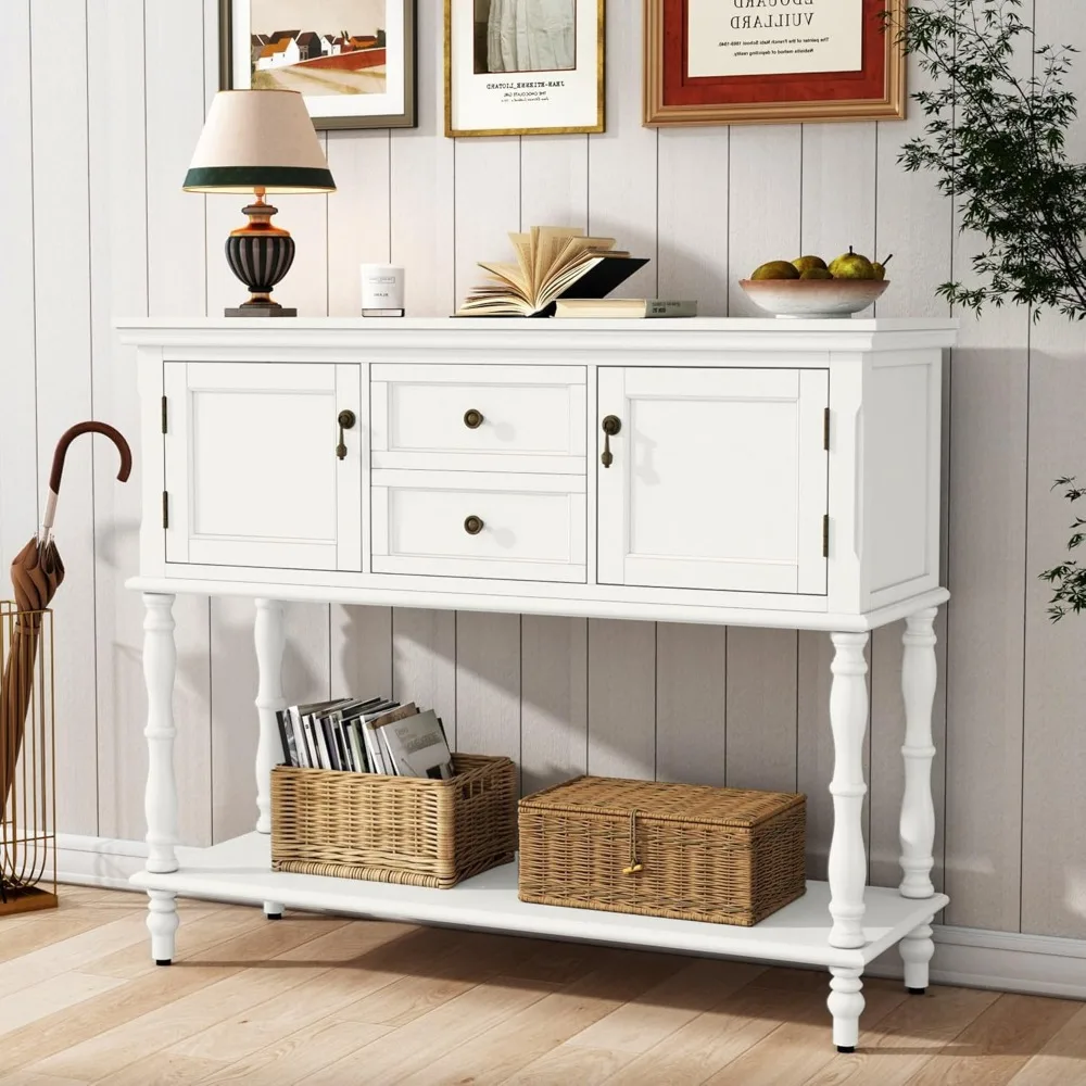Vintage-Style Console Table with Storage: 2 Drawers, 2 Door Cabinets, and Open Shelf for Entryway