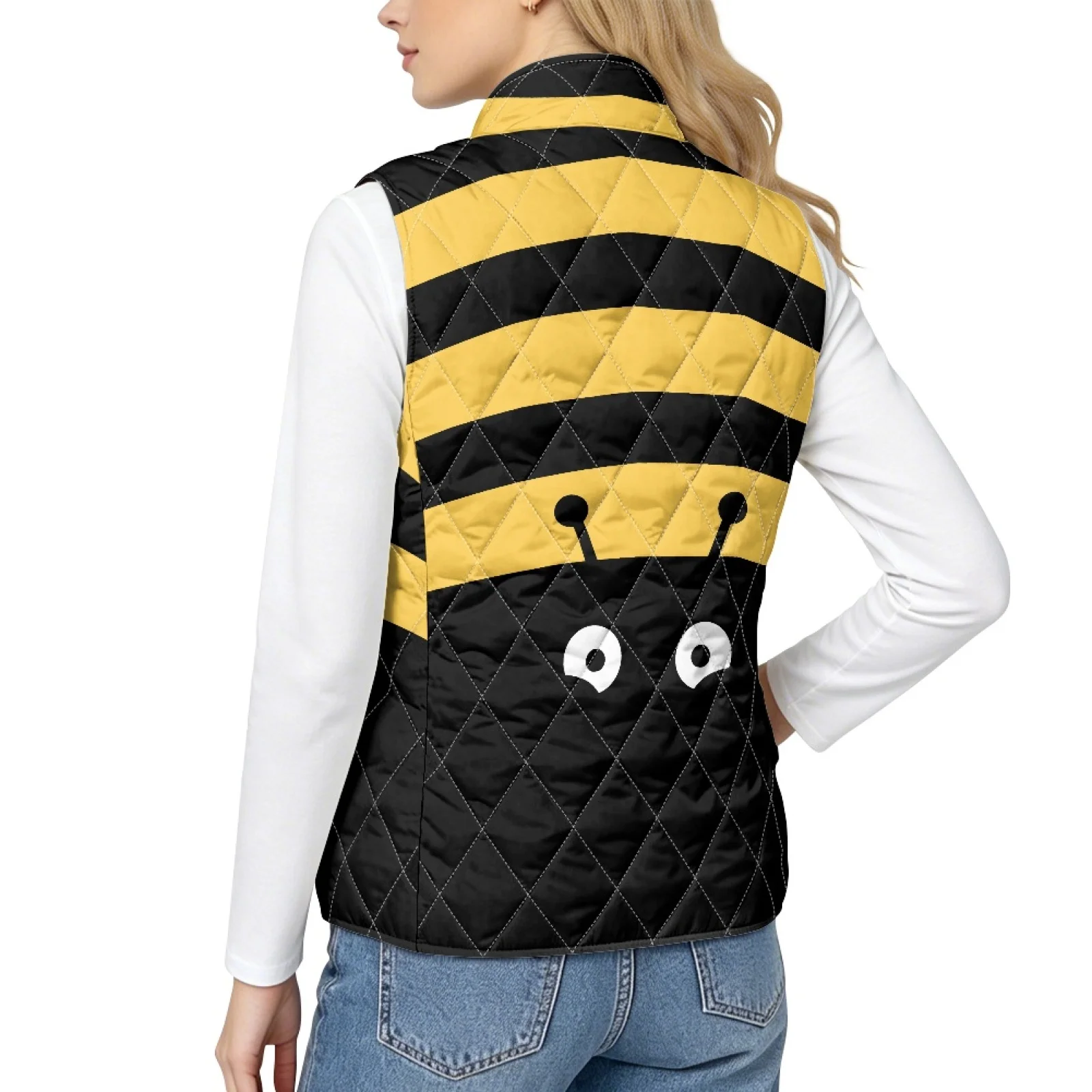 PENSTROLL Bee Stripe Face Women's Quilted Vest Stand Collar Quilted Bodywarmer Lightweight Quilted Jacket Vest for Women