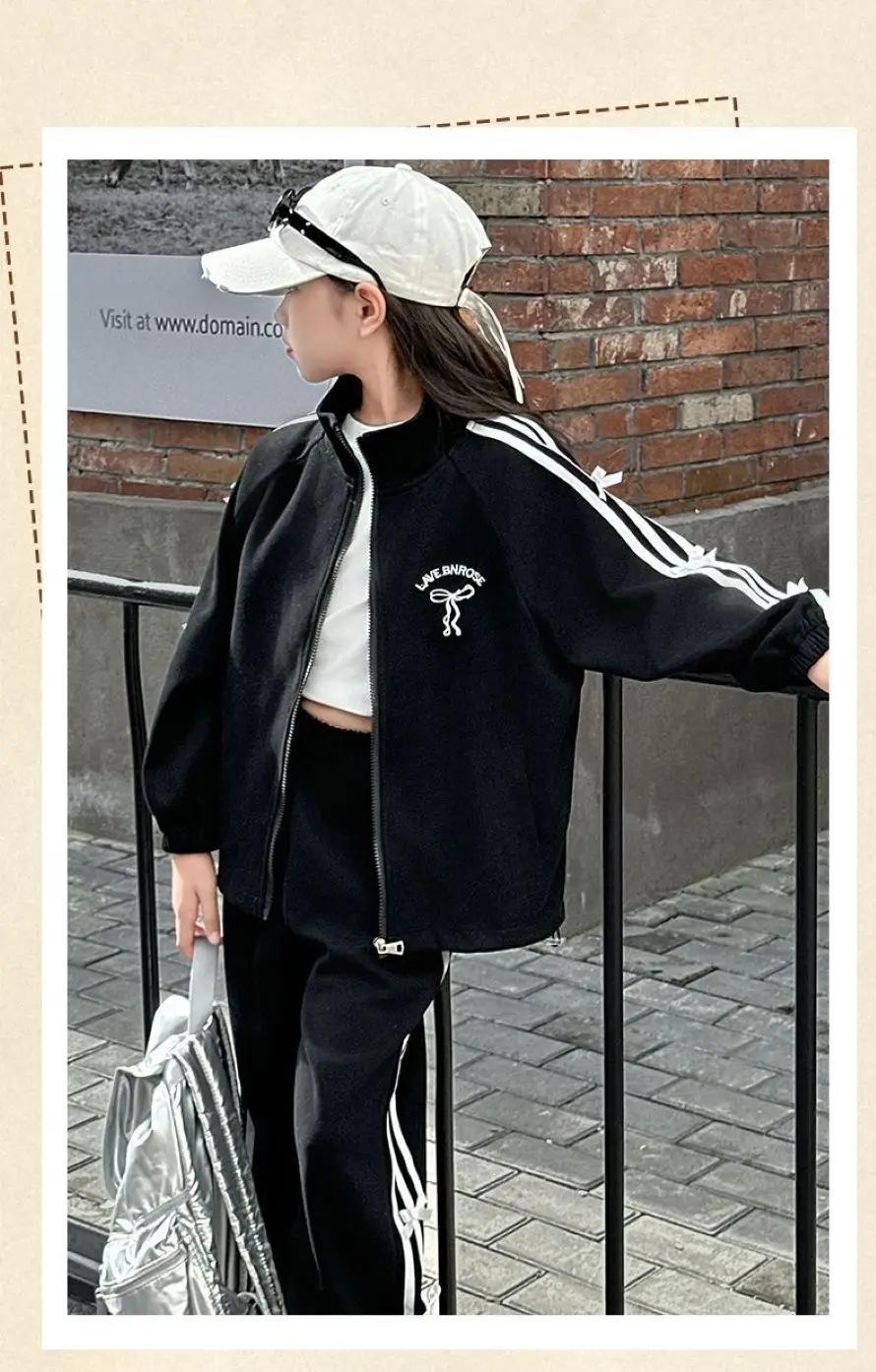 Dziewczęcy komplet: kurtka z kapturem i spodnie, dwuczęściowy strój, wiosenno-jesienna odzież codzienna, sportowa, moda uliczna, wygodna odzież dziecięca.