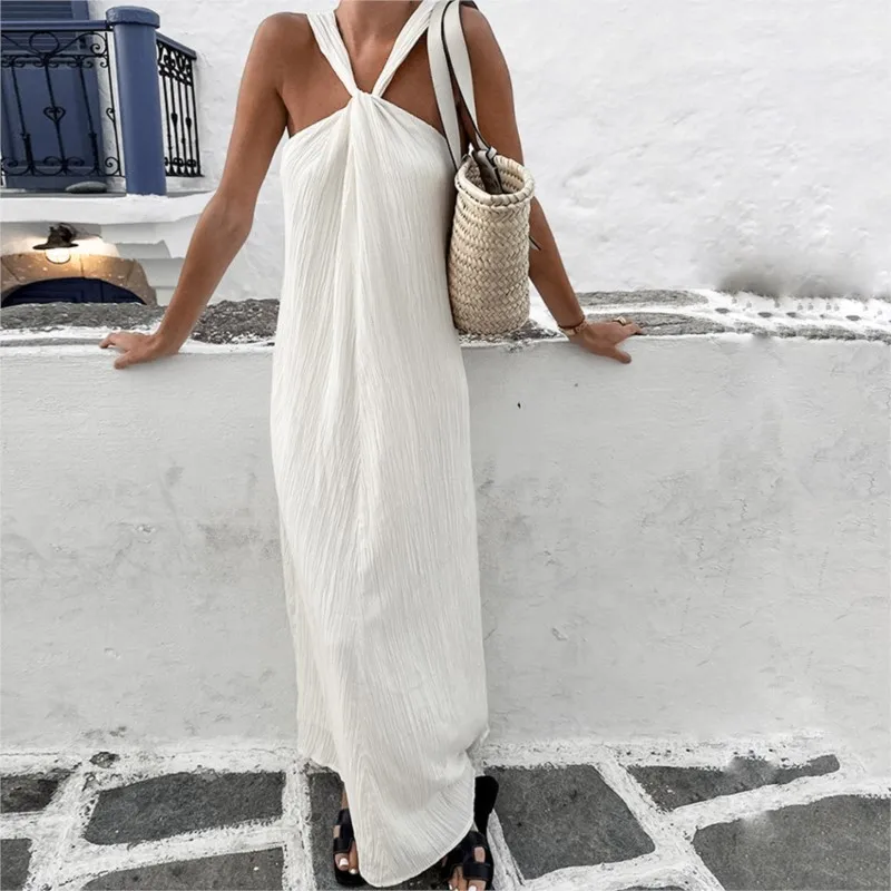 

Fashion Hanging Collar Holiday Long Dress For Women, Wide Truffle Back Sleeveless Women's Dress