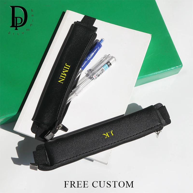 Custom Initials Zipper Pen Bag Business Office Meeting Pencil Case With Strap Engrave Name PU Leather Pen Pouch Wholesale Gift