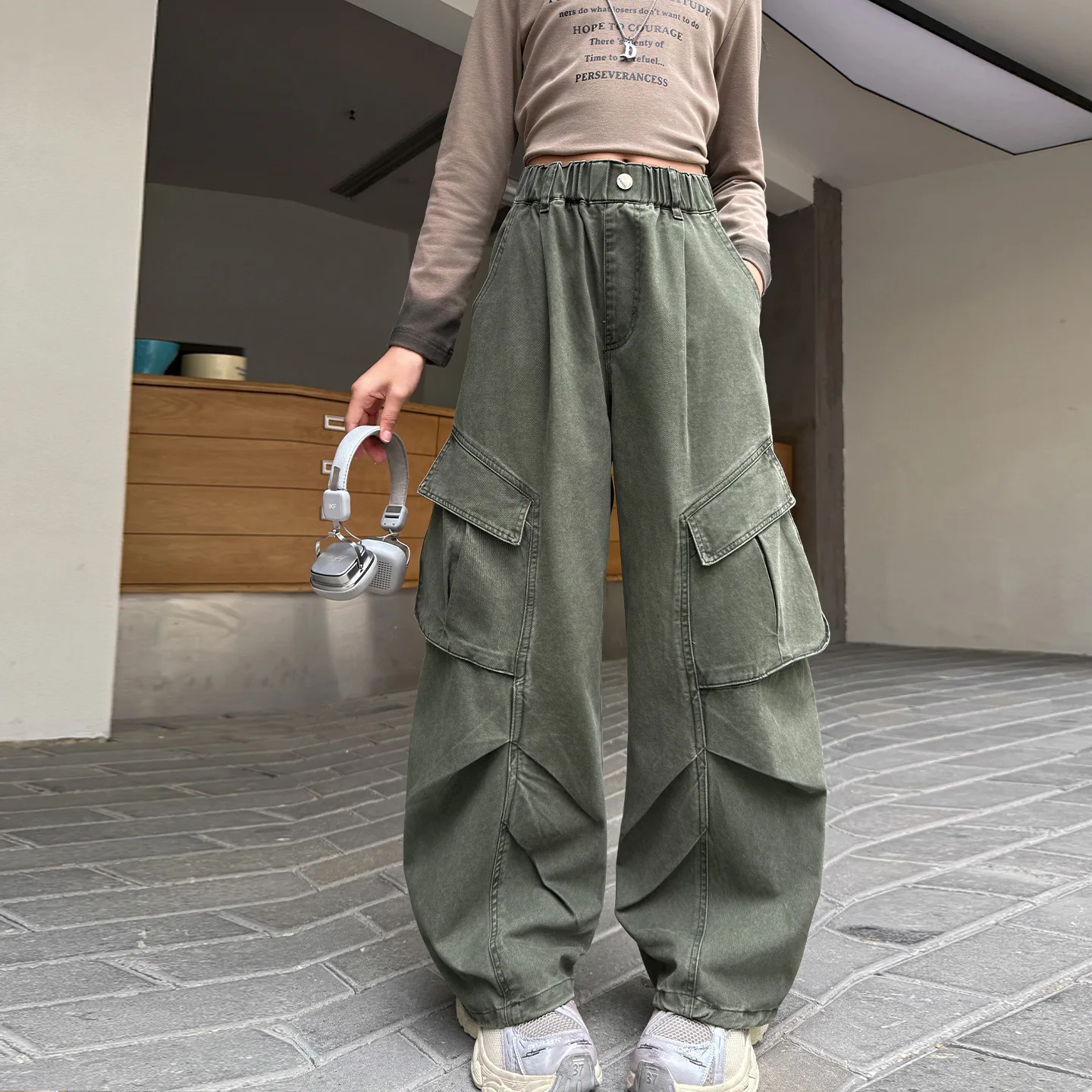 

Junior Girls Cargo Pant Autumn New Elastic Waist Full Length Teenager Girls Trouser Solid Pocket Loose Children Girls Pant