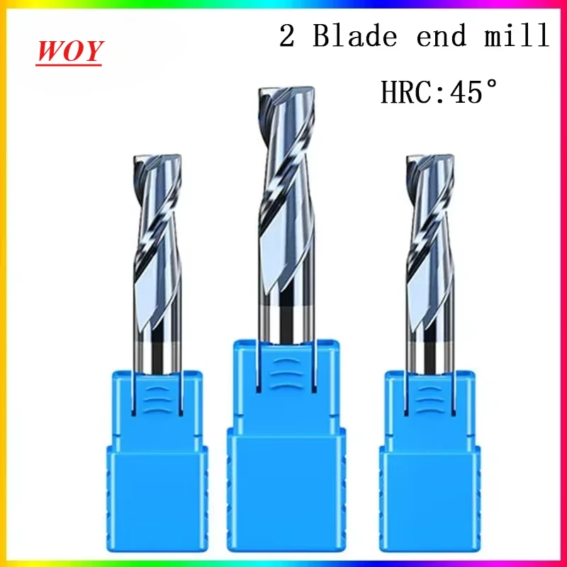 WOY HRC45 2 Flute end mill 1.5mm 1~12mm 1~20mm 6mm 8mm 12mm 50L 60L 75L 80L 100L CNC carbide  metal router bit milling cutter