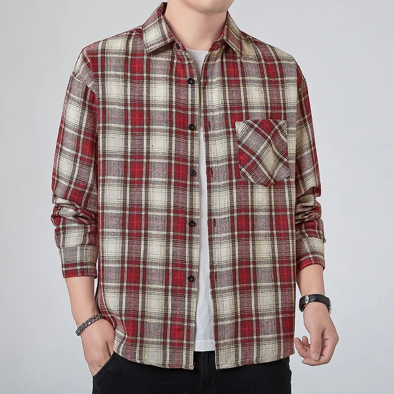 

Осенние мужские повседневные клетчатые рубашки с длинным рукавом, модные брендовые рубашки в стиле ретро для пар, мужские классические рубашки с лацканами в американском стиле