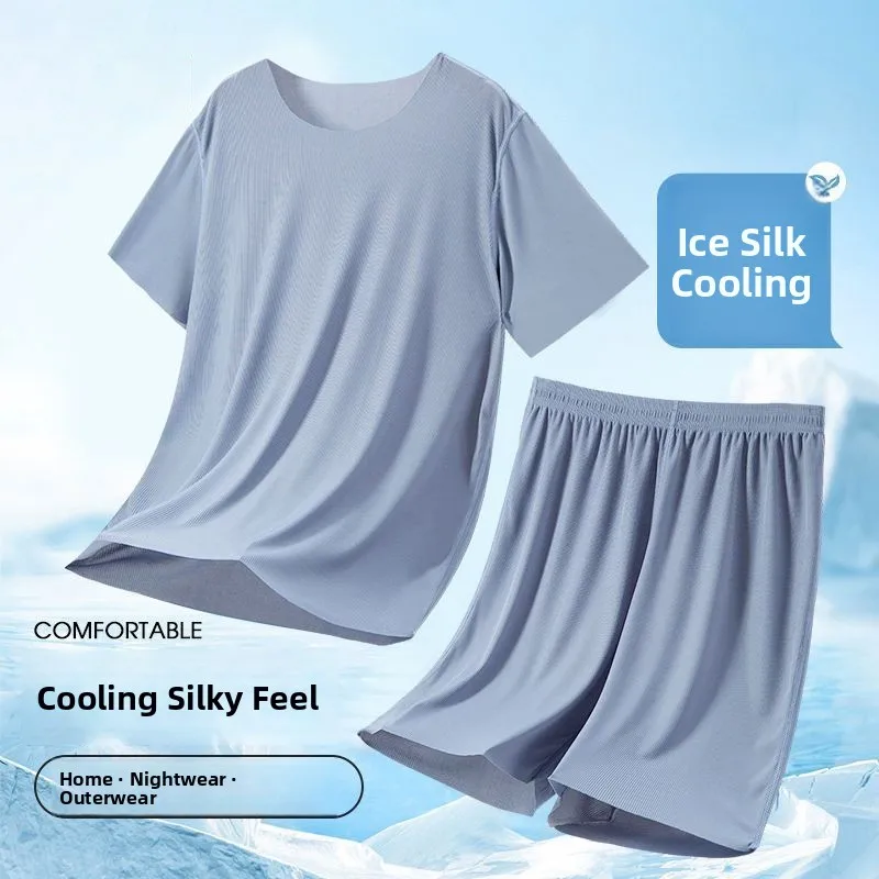 Pijama Masculino de Verão em Seda Gelada, Conjunto de Duas Peças com Camiseta de Manga Curta e Shorts, Estilo Coreano Fino e ...