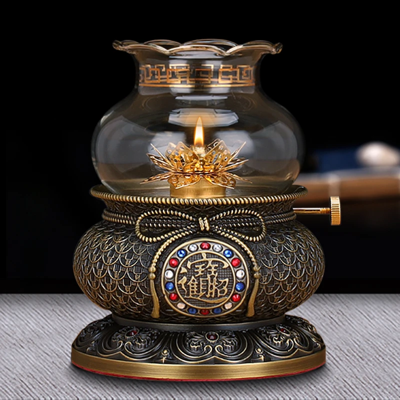 Pure Copper Imitation Ancient God of Wealth, Fortune Oil Lamp, Environmental Protection Smokeless Liquid Butter Guan Gong Lamp,