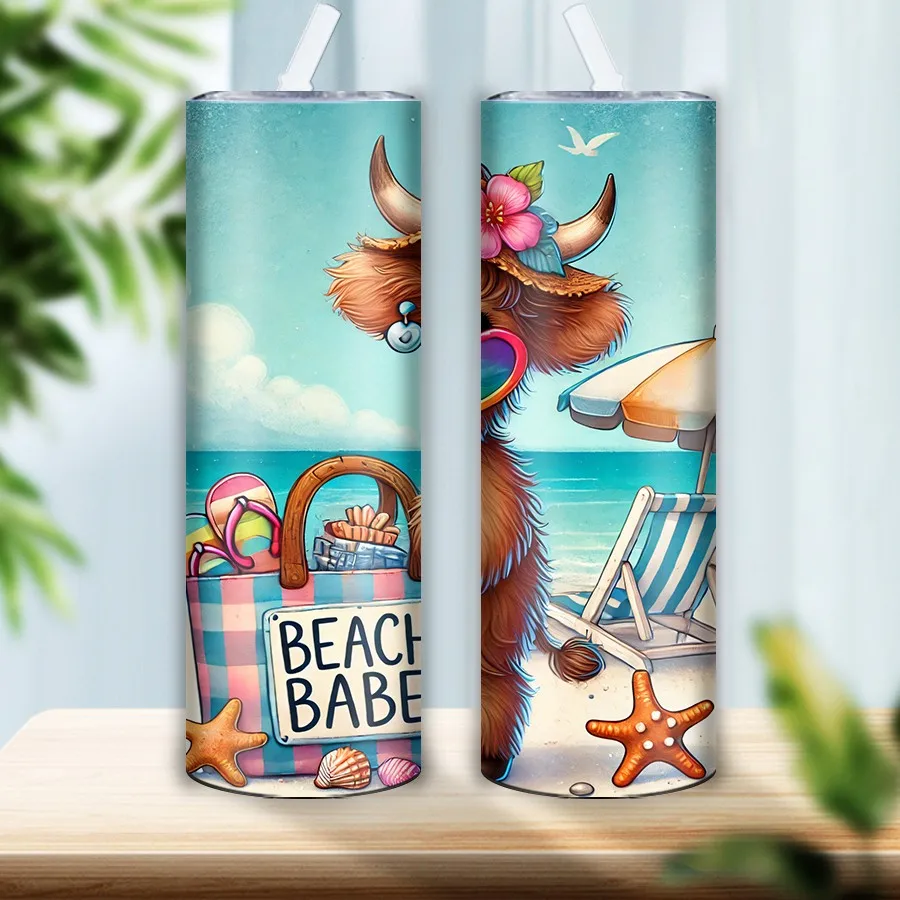 1Pc Stainless Party Festive Tumblers Straw Lid 3D Print Seaside Summer Cow 20oz Insulated Travel Vacuum Cups Outdoor Party Mugs