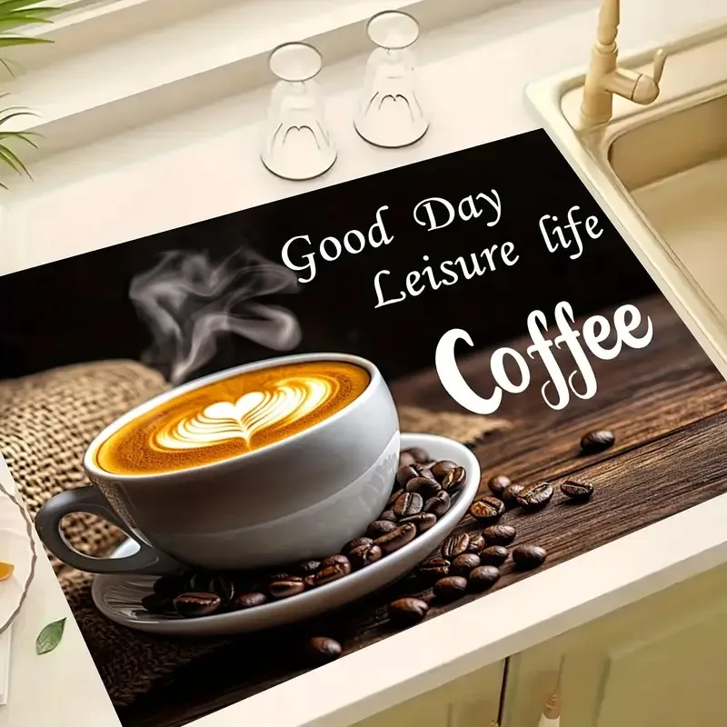 Classic Coffee Design Dish Drying Mat Soft Rubber Non-Slip Absorbent Stain-Resistant for Kitchen Coffee Bar Countertops