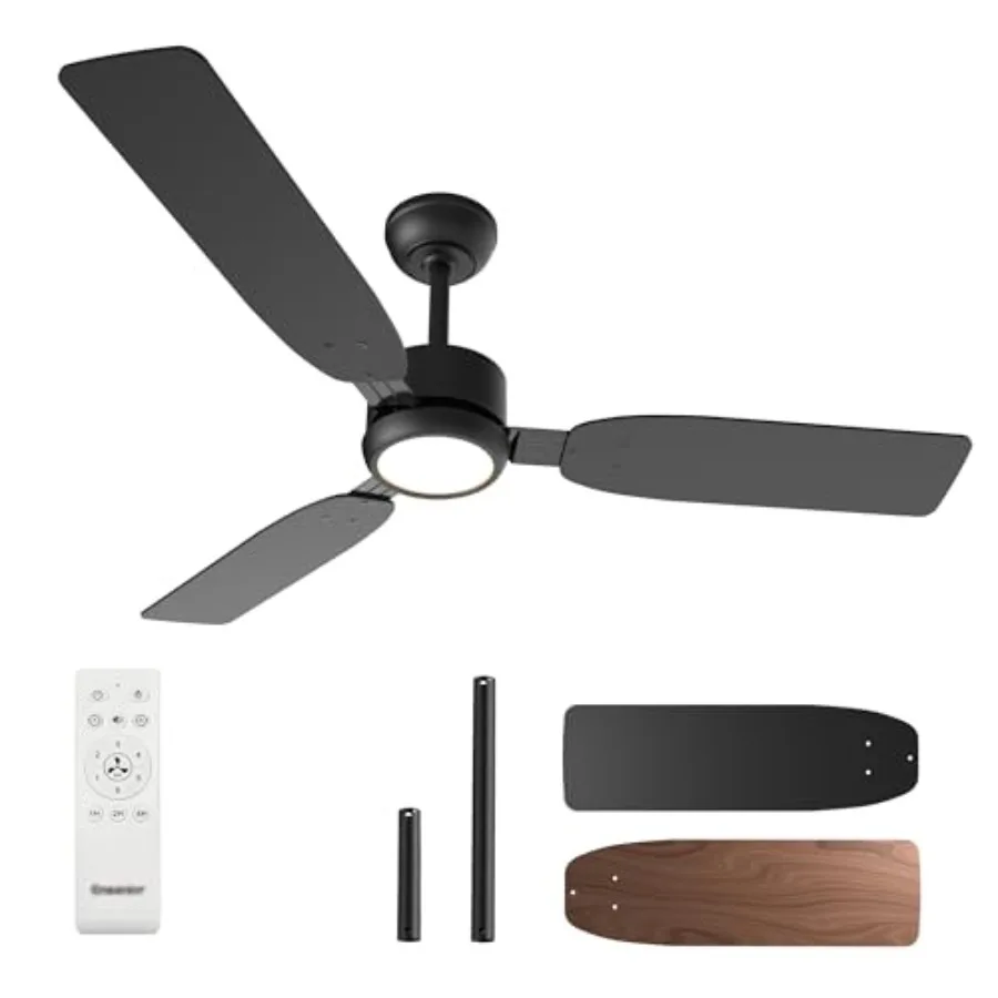 

Farmhouse bedroom living room ceiling fan, black finish with reversible wood blades, quiet DC motor, 6-speed remote control wit