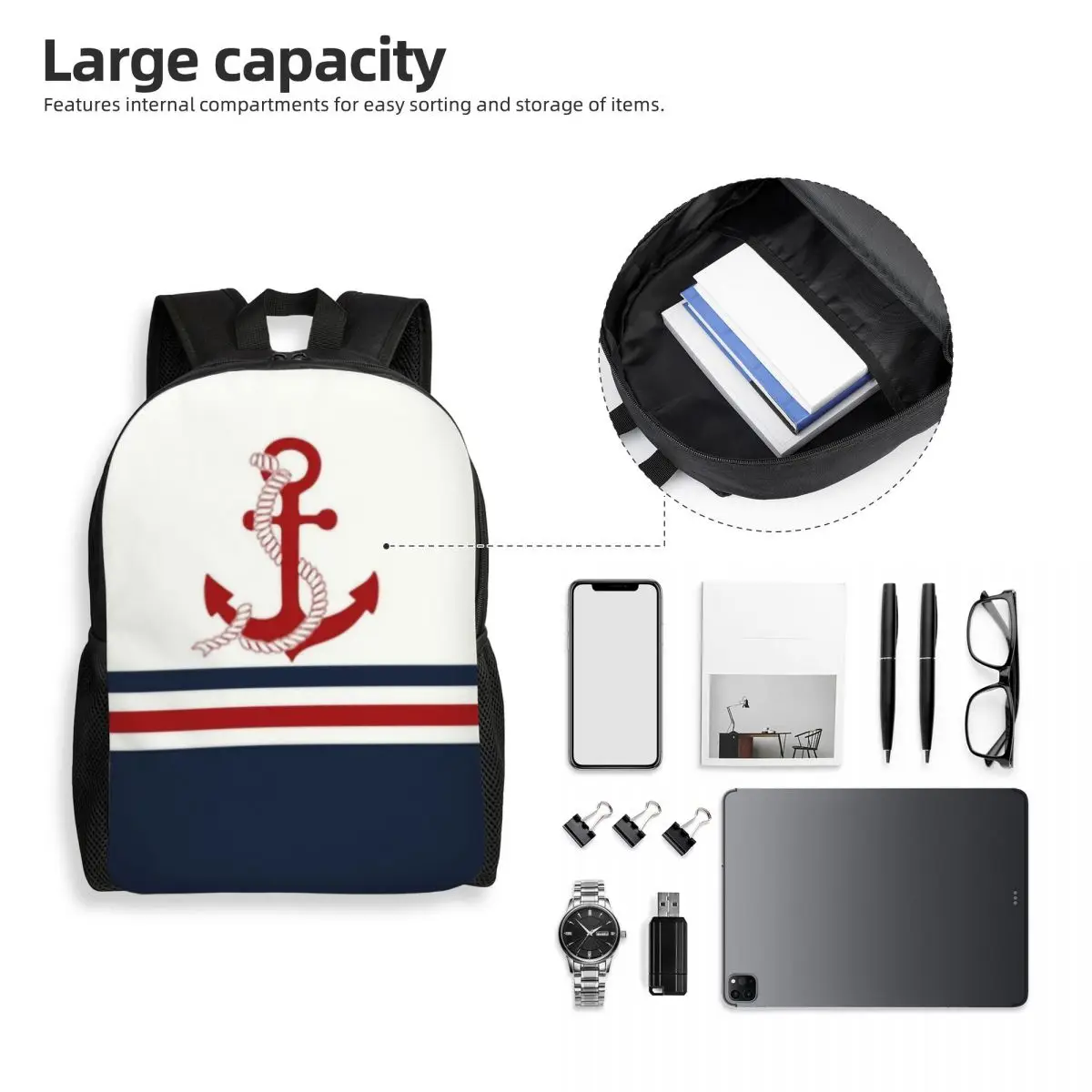 Navy Blue Stripes Nautical Anchor Boat Travel Backpack Men Women School Computer Bookbag College Student Daypack Bags