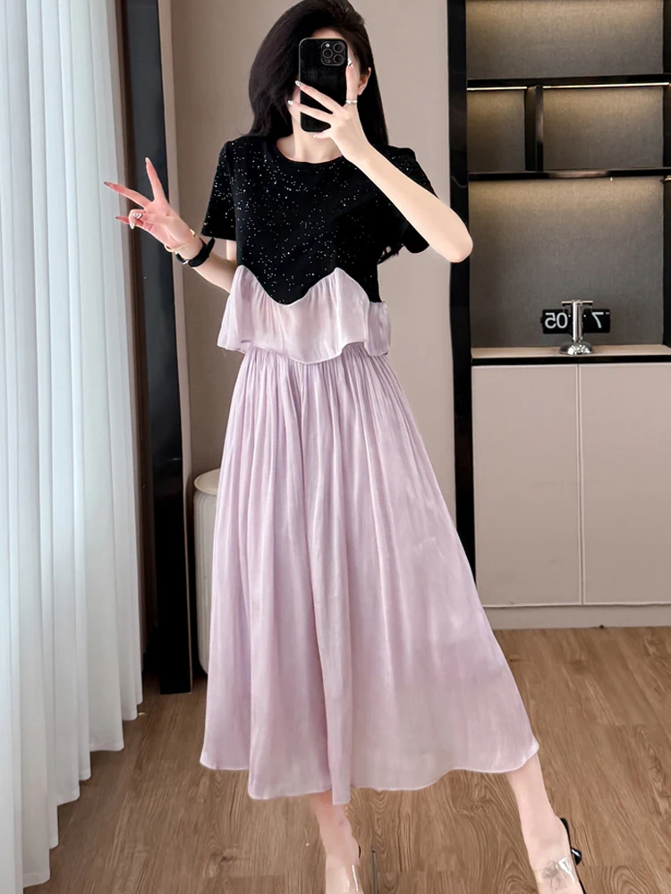 

Summer Women Elegant Suit Fashion Chiffon Ruffles Splicing Short Sleeve T-Shirt Tops + Wide-leg Pants Casual Two Piece Set