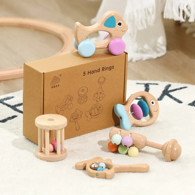 Treeyear Wooden Multi-Stage Sensory 5 PCs Gift Set Montessori Toys for Newborns, Crawling Babies and Walking Toddlers