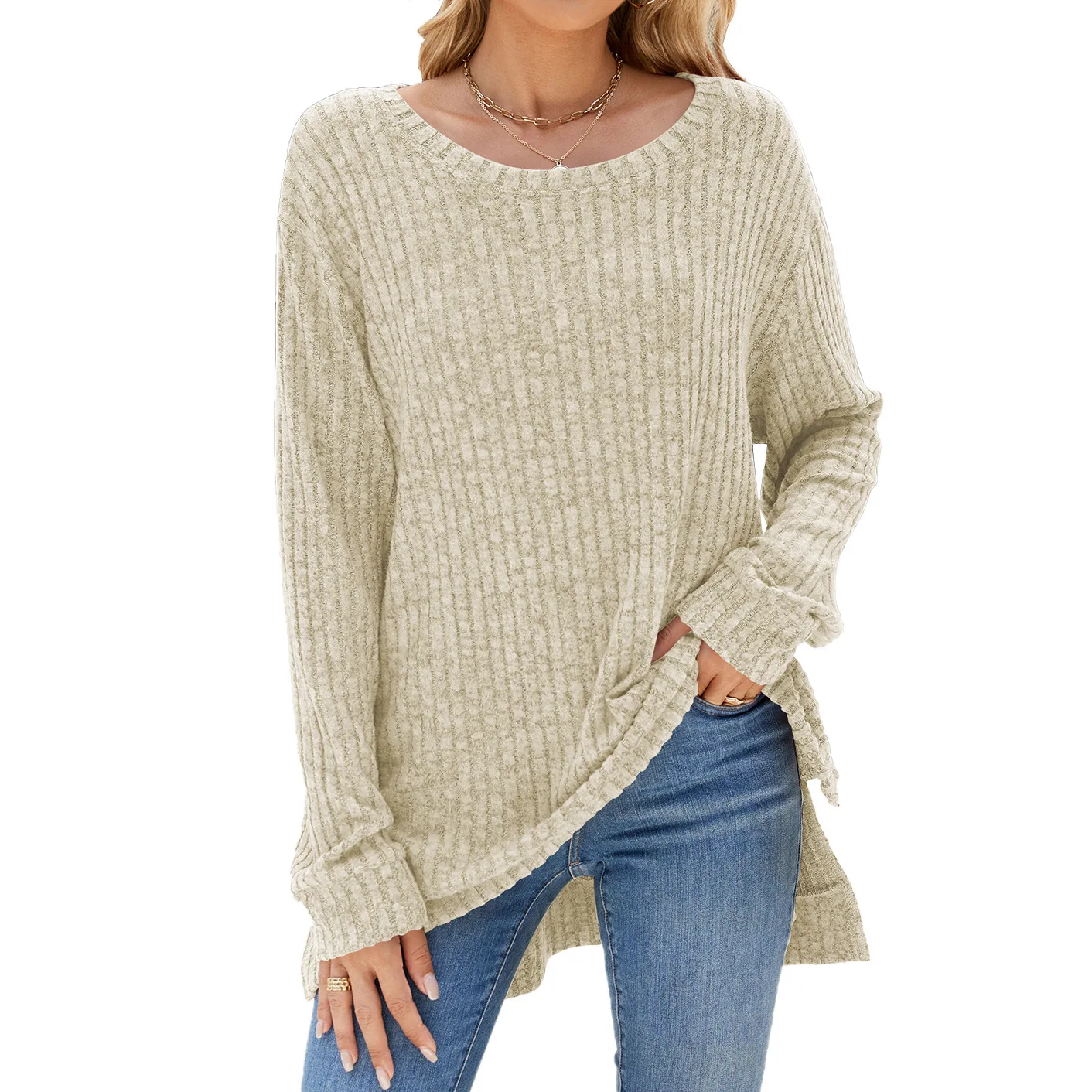 

Mujeres Manga Larga Dividida Hemad Suéter Camisa Tops Cuello Redondo
