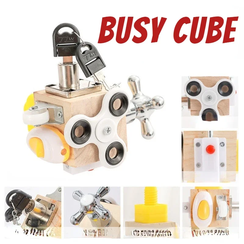 Kids Toy Busy Cube Wooden Fidget Toy Cube Montessori Educational Baby Travel Toys Learning Basic Life Skills Sensory Busy Boards