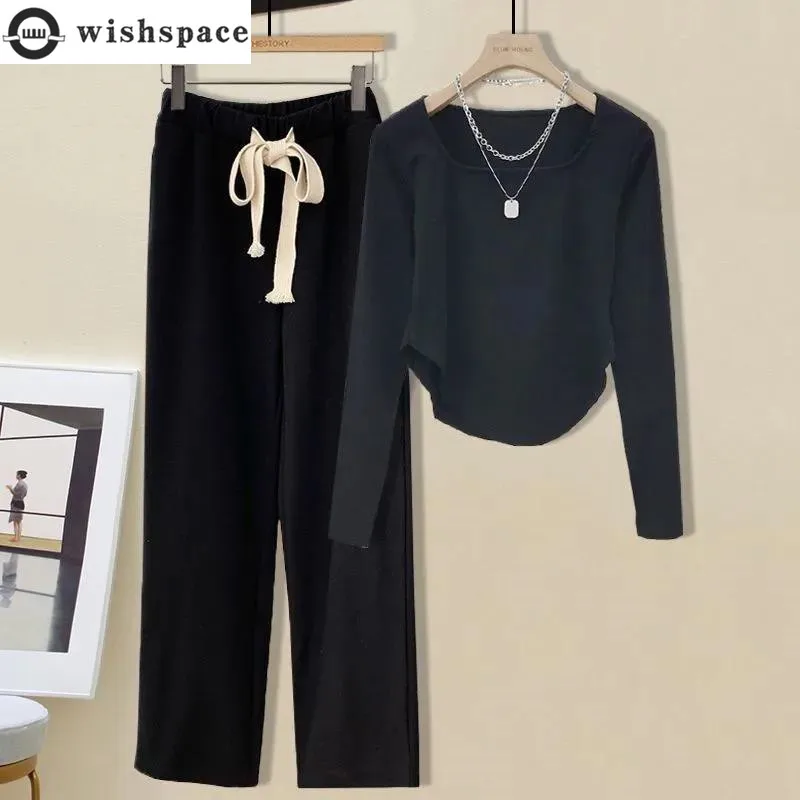 

Fashionable Wide Leg Pants Set for Spring and Autumn New 2024 Age Reducing Loose Fitting Casual Two-piece Set for Women