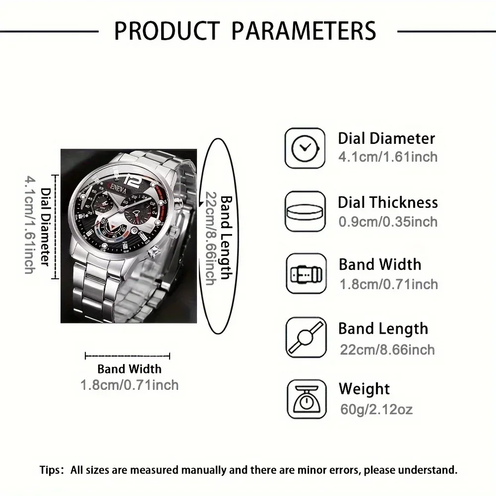 ชุดนาฬิกาควอทซ์แฟชั่น 2 ชิ้น สไตล์ธุรกิจพร้อมจอแสดงวันที่ หน้าปัดอะนาล็อก ตัวเรือนโลหะผสมสังกะสี สายสแตนเลส