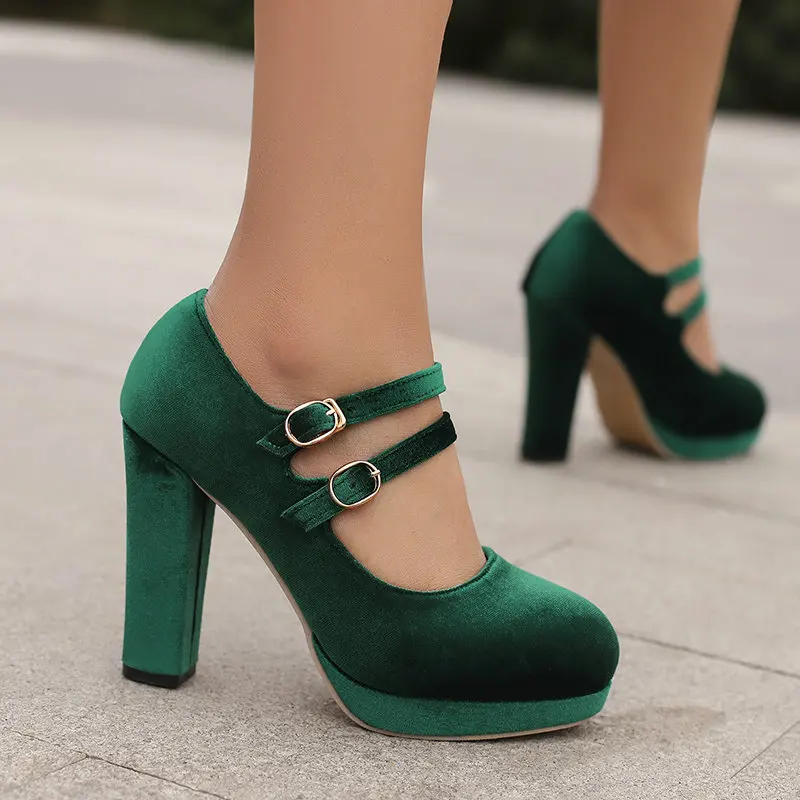 Velour Velvet Round Toe Green Burgundy Color Double Buckle Belt Block High Heels Women Pumps Platform Retro Lady Mary Janes Shoe