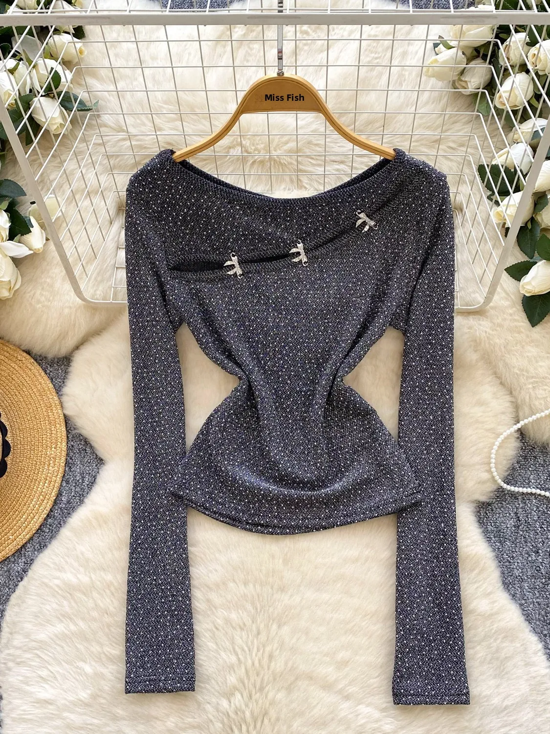 Faionable Slim Fit Long Sve Hollow out Button Design T-Shirt Damen Base Layer irt Diamond Heat Transfer Herbst Sle