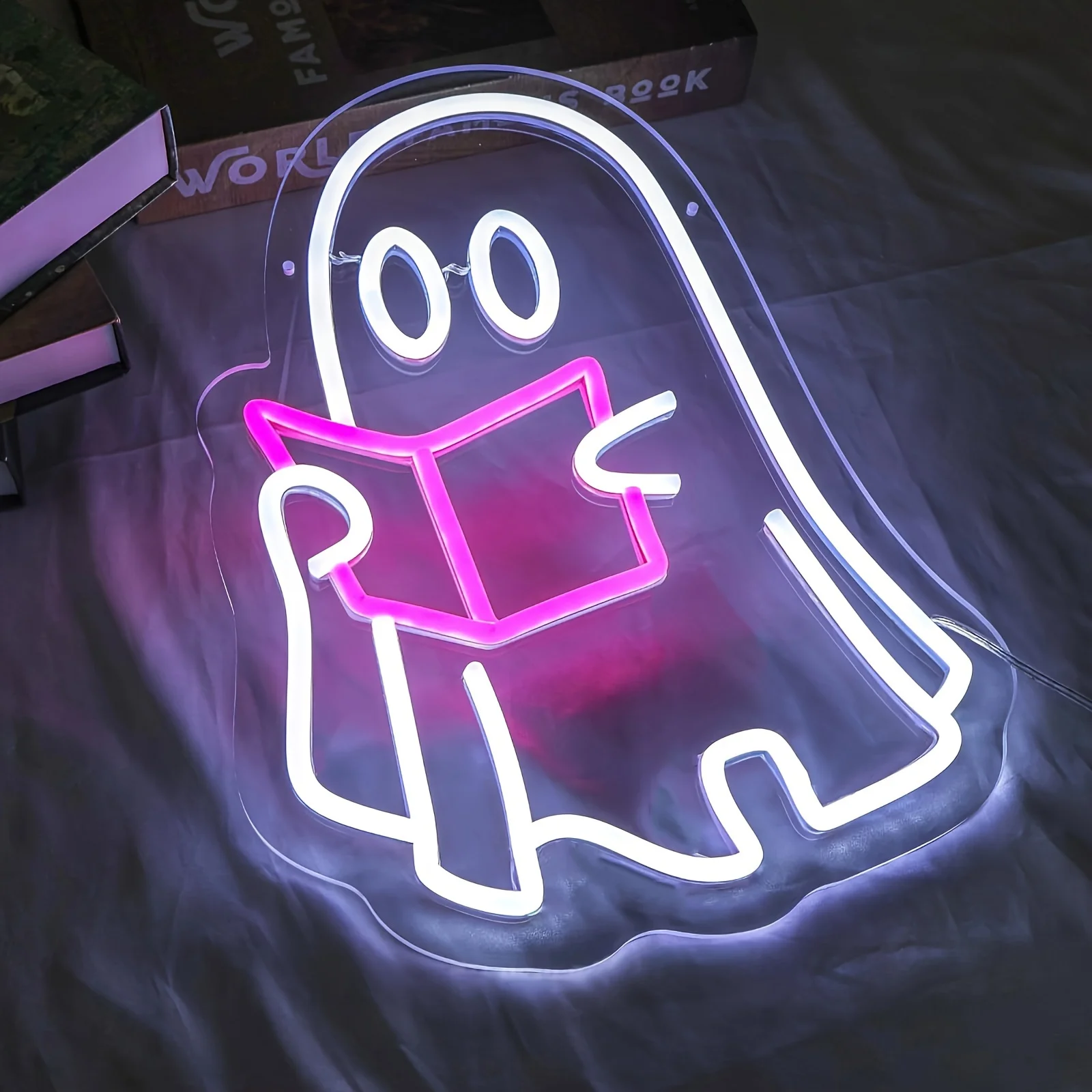 One for Halloween Ghost Neon Sign Reusable LED Light USB Powered for Interior Decor Fireplace Bedroom Kitchen Office Party