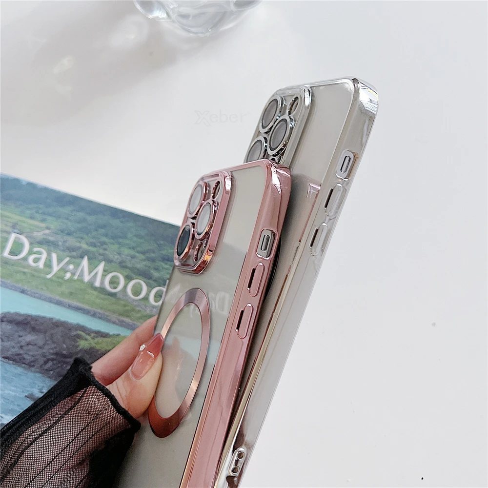 Luxury Plating Transparent Magnetic Crossbody Necklace Lanyard Cord Case For iPhone 16 15 14 13 12 11 Pro Max For Magsafe Cover