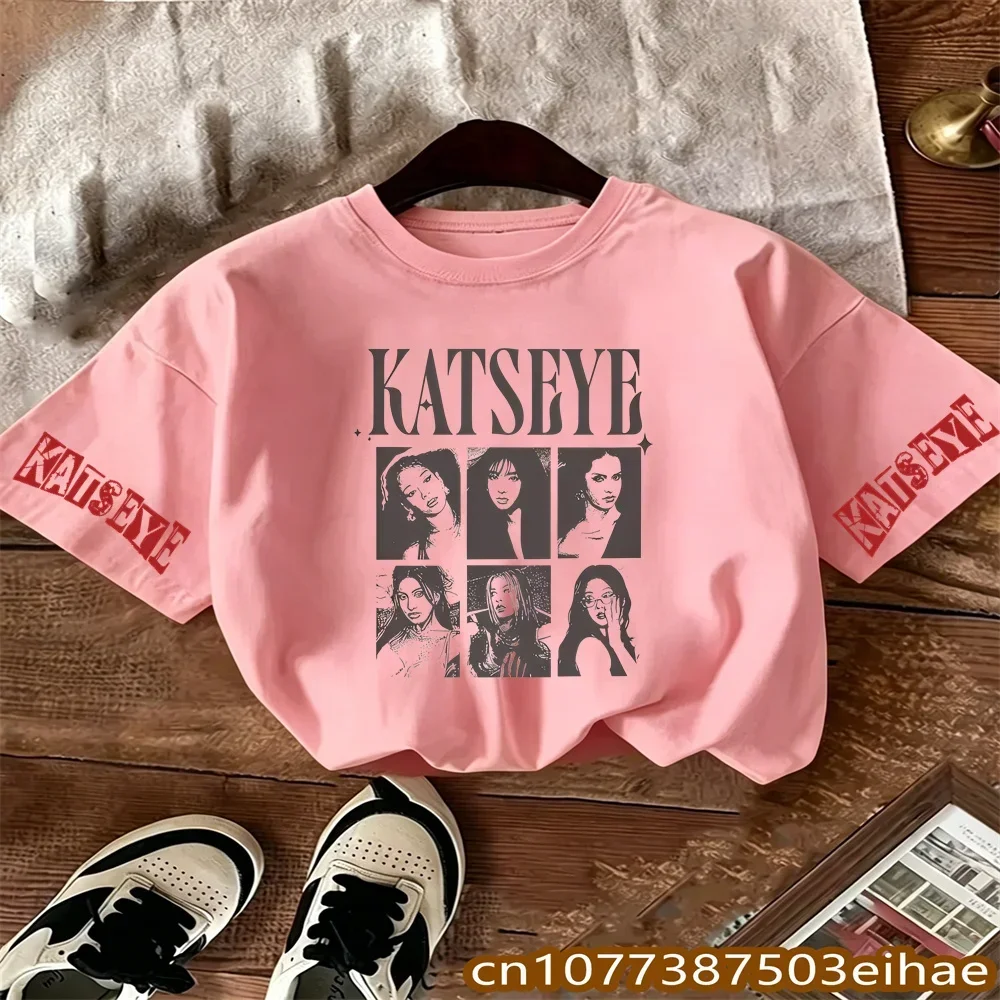 Kpop Fan Favorite KATSEYE Group Character Print Pure Cotton Kids Short Sleeve Shirt Casual Y2K Style Exclusive Summer Girl Gift