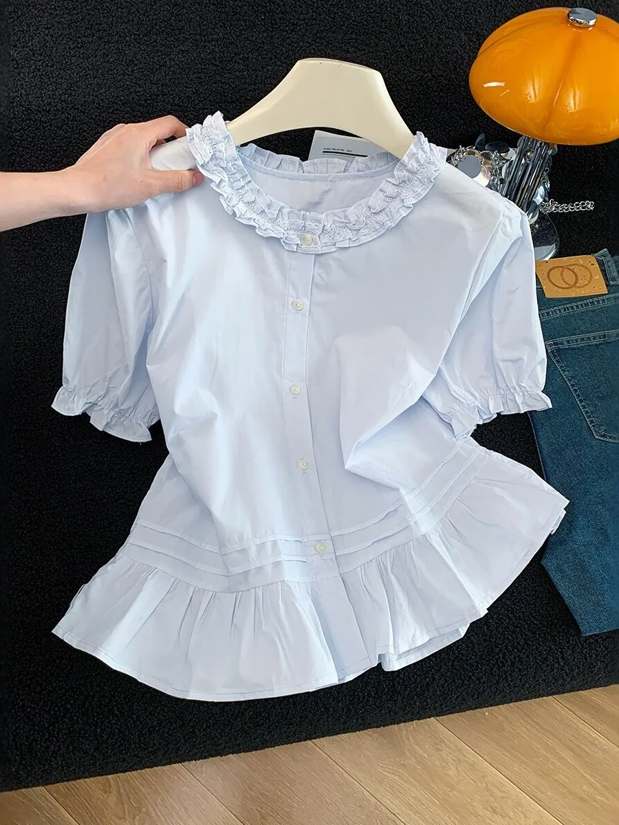 

Blue Short Sleeve Shirt Women's Summer New Style Sweet Youth Loose Slimming Top Wooden French Style Breathable Skin-Frie...