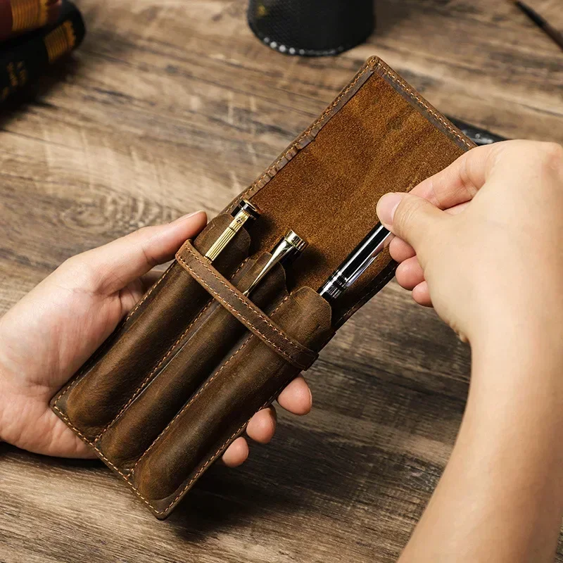 Handcrafted Fountain Pen Pencil Case Luxury Genuine Leather Pen Bag for 1-3 Pens Stationery Office School Supplies For JINHAO