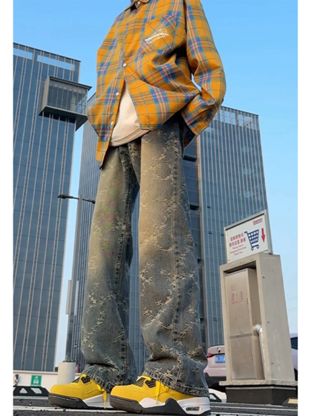 

Винтажные синие джинсы с высокой талией и вышивкой, мужские осенние американские джинсы свободного покроя, прямые джинсы, молодежный тренд