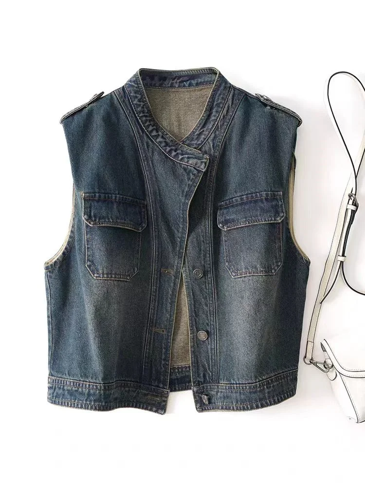 

Весенне-осенний джинсовый жилет женский, модная верхняя одежда для повседневной носки, с воротником-стойкой, стандартной длины, повседневный топ, качественный брендовый пошив