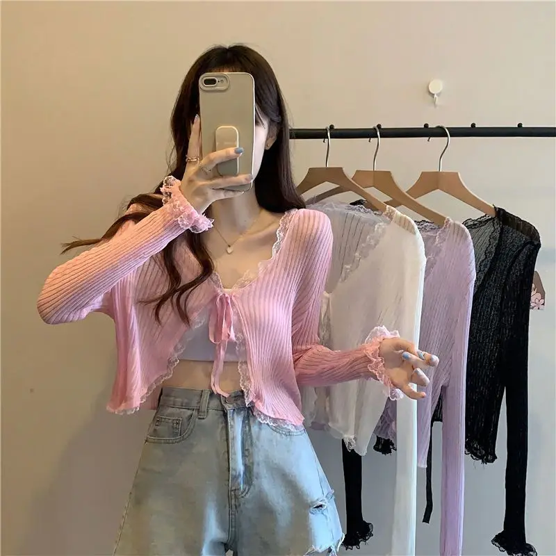 Tie Thin Short Knitted Cardigan Women Summer Korean Lace Edge Casual Long Sleeve Solid Color Sun Shirt Tops 4 Colors