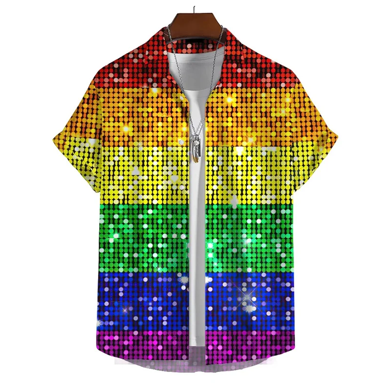 3D Print Colorful Rainbow Party Shirt for Men Summer Lapel Short Sleeved Holiday Aloha Shirts Streetwear Men's Hip Hop Shirt
