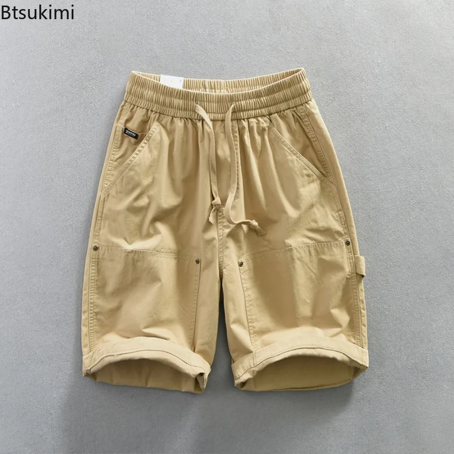 Summer New Men's Cargo Shorts 100% Cotton Elasticated Waist Casual Drawstring Straight Shorts Retro Big Pockets Baggy Pants Male