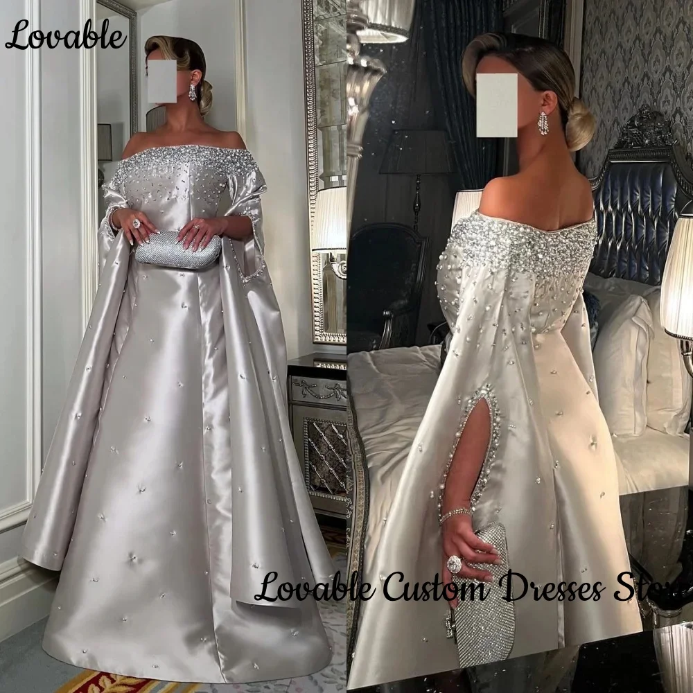 

Customized Dubai Silver Special Occasion Dresses Satin Beads Pearl Sequined Bespoke Occasion Gown A-Line Off-The-Shoulder Long