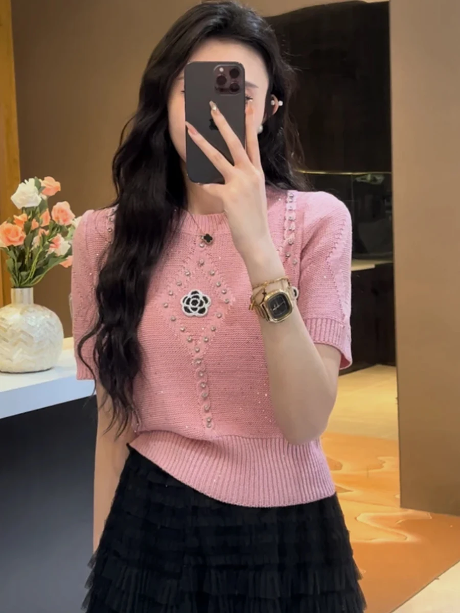 Fashion Floral Beading Short Sleeve Sweater Women 2024 Summer Casual Pullover Crop Tops Elegant Slim Thin Knitted T Shirts