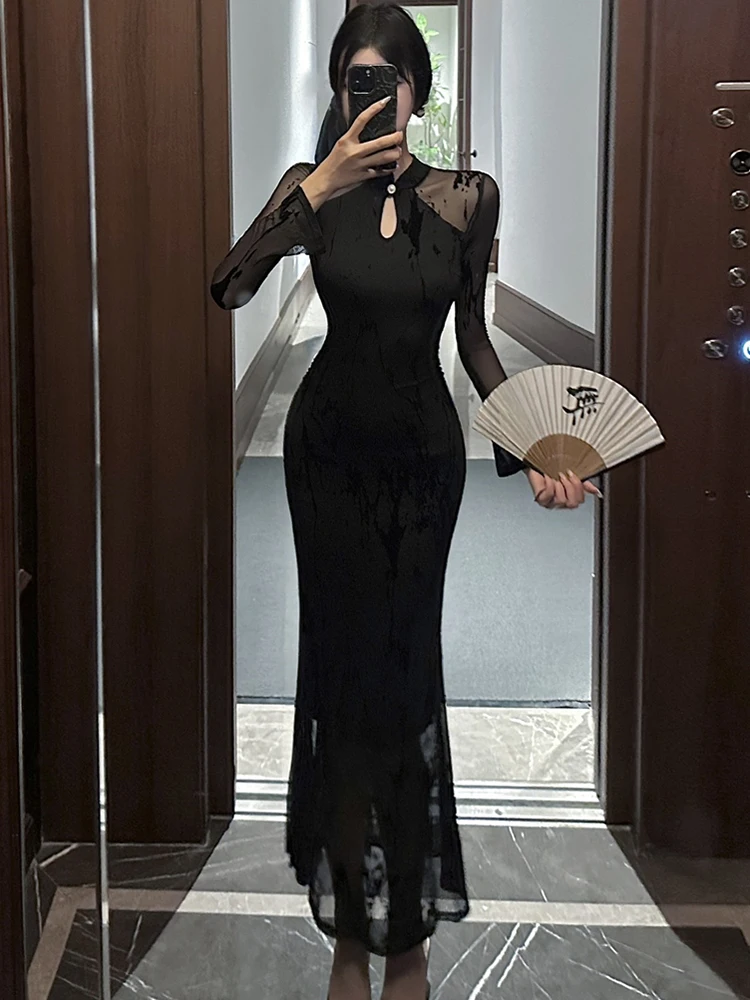 2025 Black Jacquard Patchwork Mesh Sheer Sexy Dress Autumn Winter Long Sleeve Bodycon Dress Women Korean Vintage Hepburn Dresses