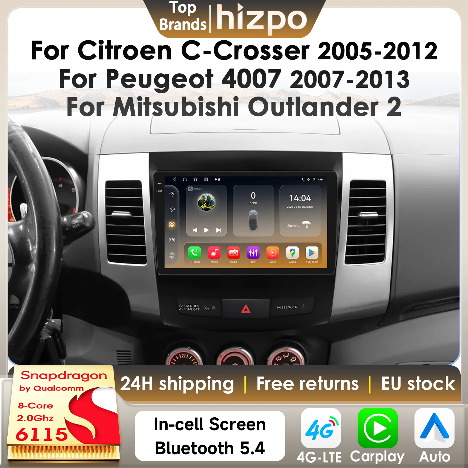 Hizpo AI Android 14 Autoradio für Citroen C-Crosser für Peugeot 4007 für Mitsubishi Outlander Carplay 4G GPS von Snapdragon 6115