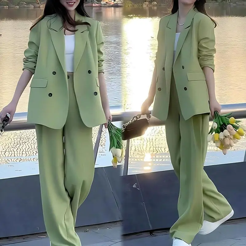 

Модный и повседневный женский костюм на весну и осень, новая корейская версия, модная куртка, широкие брюки, комплект из двух предметов