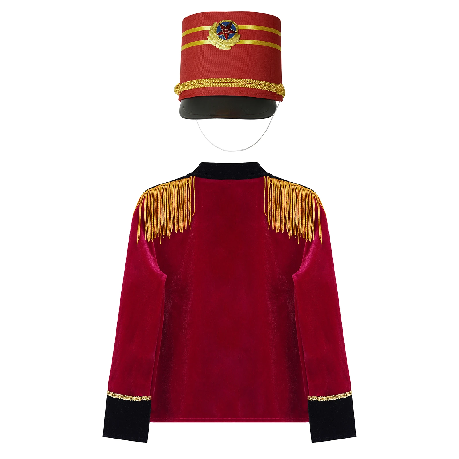 Fato de toque de circo infantil, jaqueta adornada com tassels braid, tops com chapéu, trompete, guarda de honra, roupa cosplay para meninos