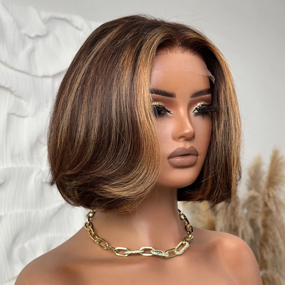 

P4/27 Highlights Short Bob 4x4 Lace Closure Wig Transparent Lace Peruvian Remy Human Hair Brown Mix Blonde Straight Short Style